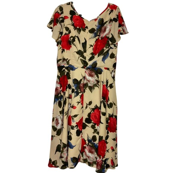 Unique Vintage Floral Print Beige & Red Fit-And-Flare Dress Plus Size 2XL Retro - Picture 2 of 5